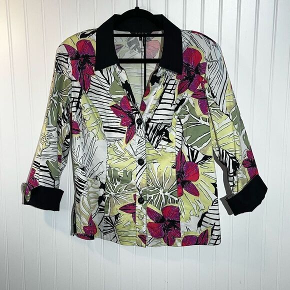 ZOZO Button Up Tropical Floral Top Women’s Large Black/White Multicolor Cuffed - Picture 1 of 10